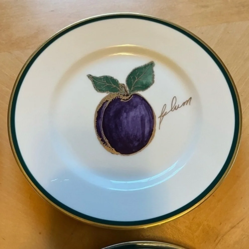 Crate & Barrel Fruit Plates 8” Set of Four, Apple, Pear, Plum, Grapes